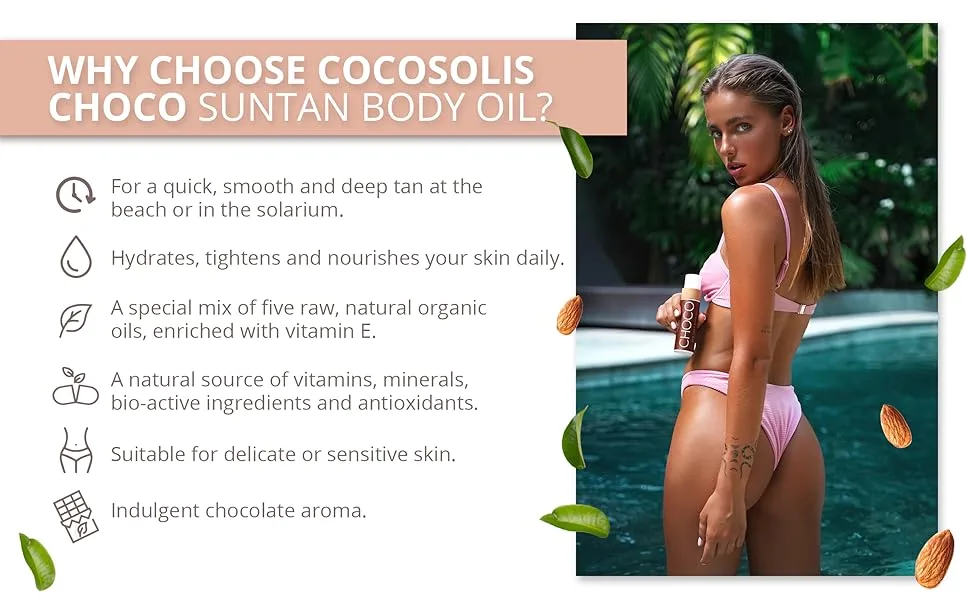 COCOSOLIS Choco Suntan & Body Oil - Organic Tanning Bed Lotion - Deep Chocolate Tan - Tanning Accelerator for Indoor Tanning Beds ( 3.7 Fl Oz) - COCOSOLIS