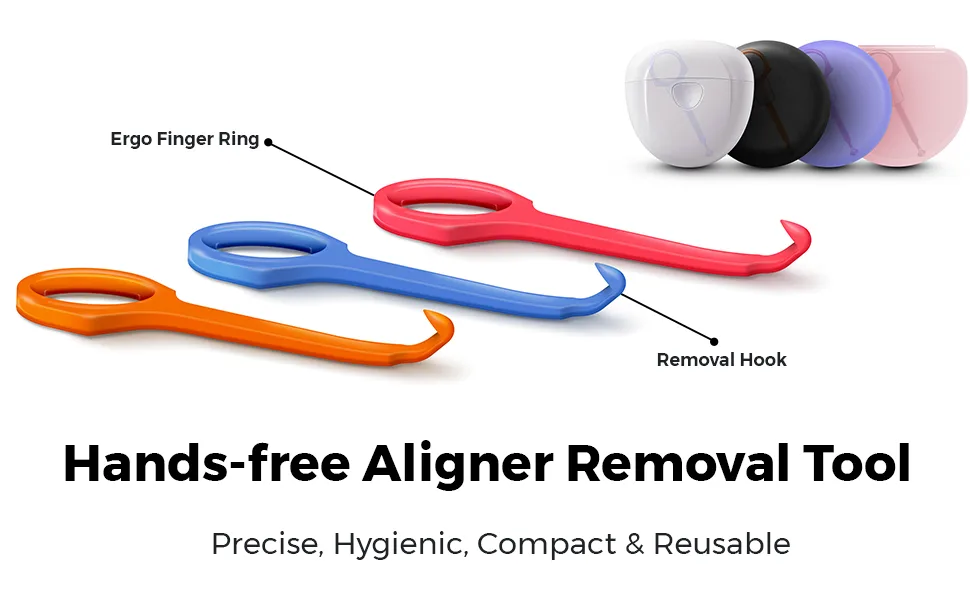 Clear Aligner Removal PUL Tool for Invisalign Removable Braces & Trays | Compatible with Removable Braces, Aligners, Retainers, & Dentures | Hygienic, Durable, Compact | By The Pultool (Pink + Blue) - Hygienic Compact Reusable Clear Aligner Remover Tool hands free hygienic precise ergo finger ring