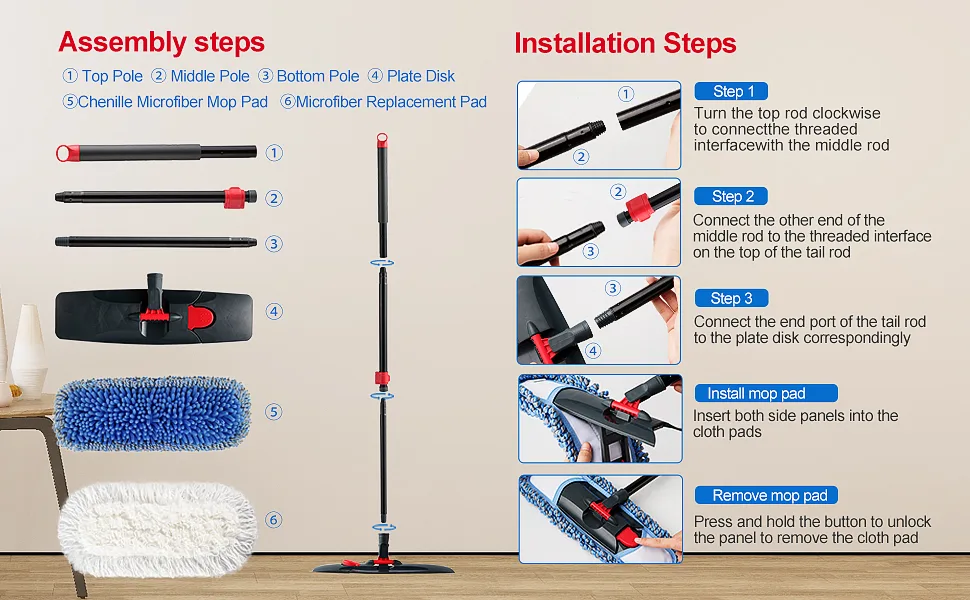 CLEANHOME Dust Mop for Floor Cleaning Microfiber Professional Dry & Wet Flat Mops for Tile Floors with a Extra Chenille Refill Mopping Pad for Hardwood,Tile,Marble Floor - 11111