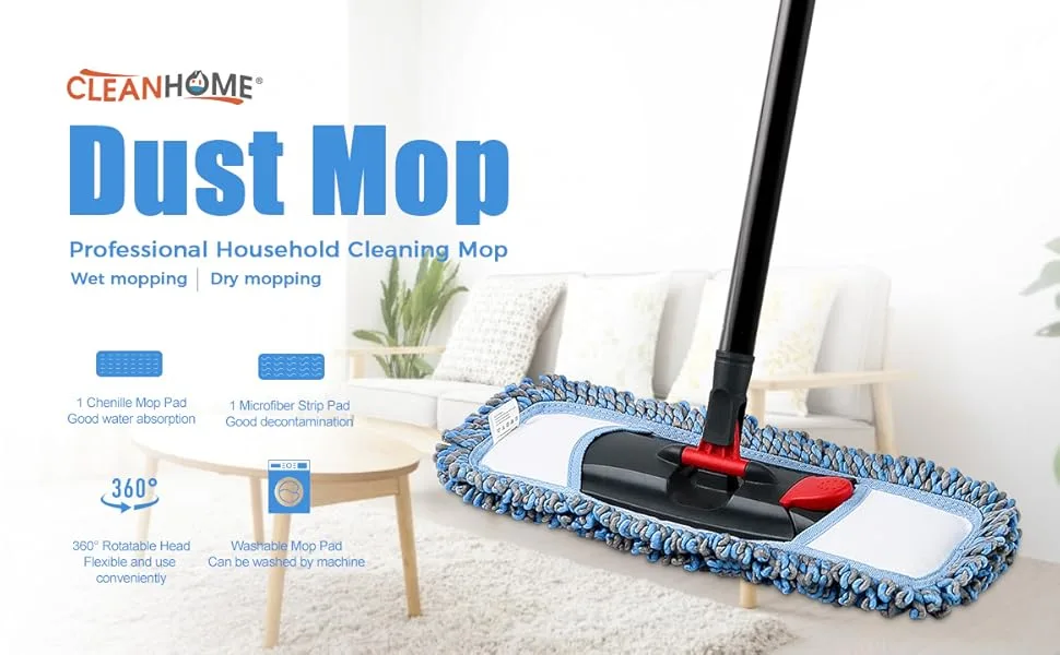 CLEANHOME Dust Mop for Floor Cleaning Microfiber Professional Dry & Wet Flat Mops for Tile Floors with a Extra Chenille Refill Mopping Pad for Hardwood,Tile,Marble Floor - product information 1