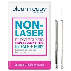 Clean + Easy Non-Laser Personal Electrolysis Device - Permanent Hair Removal for Face and Body, Battery Operated, Painless and Convenient Home Treatment - Clean + Easy Non-Laser Electrolysis Replacement Tips for Face & Body, 2-Pack