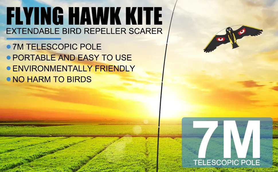 Extendable Bird Repeller Scarer Flying Hawk Kite Kit Repeller with 7m Telescopic Pole Widely Used in Backyard Lawn and Farm Garden Scarecrow Yard - Extendable Bird Repeller