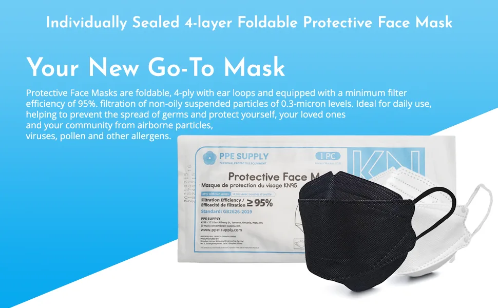 PPE SUPPLY CANADA Pack of 20 Adult (Regular) 4-Ply Individually Wrapped 3D Willow-Leaf Face Mask Disposable Face Masks Black - protective masks, 4 layer