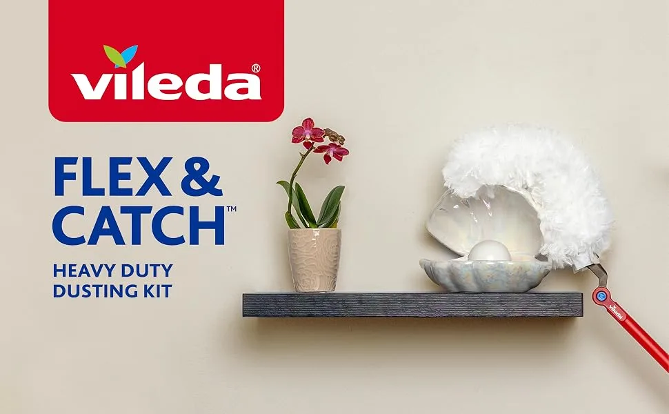 Vileda Flex & Catch Duster | Heavy Duty Dusting Kit with 3 Disposable Duster Refills | Extendable 3 Ft Handle with Stay-On Duster Hook | Traps 3X More Dust Than Feather Dusters Dusting Kit + 3 Duster Refills - duster