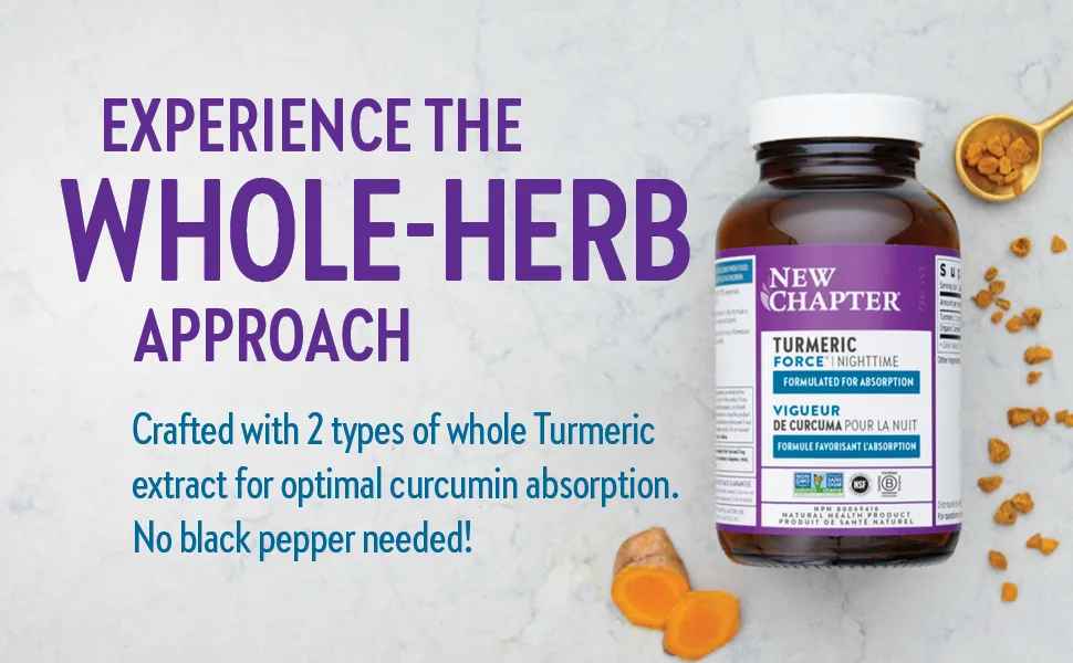 New Chapter Turmeric Supplement + Sleep Aid - Turmeric Force Nighttime for Sleep Support with Valerian Root + Ginger + NO Black Pepper Needed + Non-GMO Ingredients - 48 Vegetarian Capsule - Turmeric Force Nighttime Bottle with Turmeric & Chamomile