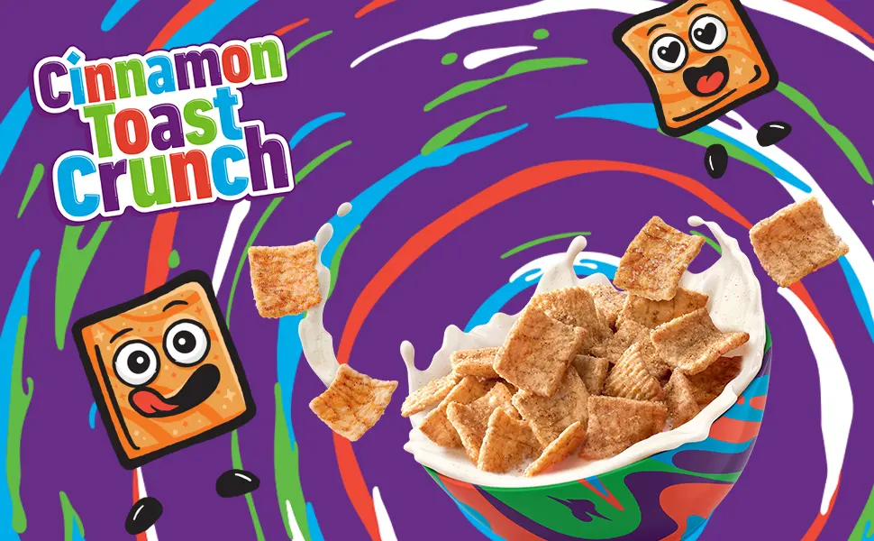 Churros Cinnamon Toast Crunch Breakfast Cereal, Crispy Cinnamon Cereal, 19.3 oz. Family Size Cereal Box 19.3 Ounce (Pack of 1) - Cinnamon Toast Crunch cereal in a bowl with milk and next to two Cinnamojis.