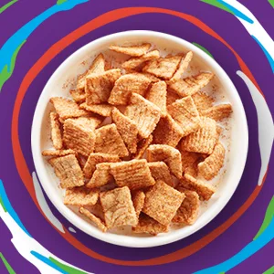Churros Cinnamon Toast Crunch Breakfast Cereal, Crispy Cinnamon Cereal, 19.3 oz. Family Size Cereal Box 19.3 Ounce (Pack of 1) - Original Cinnamon Toast Crunch breakfast cereal served in a white bowl with milk.