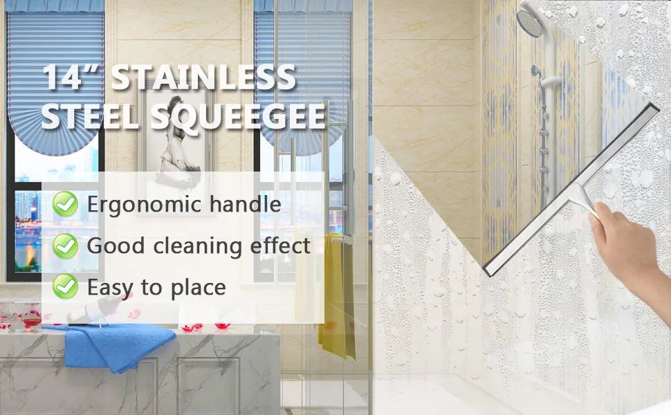 Shower Squeegee Stainless Steel Bath Squeegee 14 Inch Glass Squeegee Bathroom for Shower Doors Bathroom Windows Kitchen Mirror and Car Glass with Matching Hooks Holder - product information 2