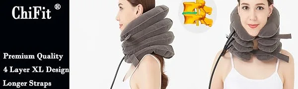 ChiFit Neck Traction - 4 Layer Cervical Neck Traction Device - Neck Massager & Collar - Neck & Shoulder Pain Relief - Cervical Collar for Travel/Home Improved Spine Alignment Grey - 4 layer XL design, Premium quality