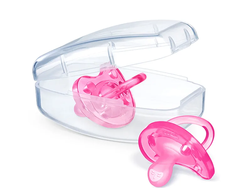 Chicco PhysioForma 100% Soft Silicone One Piece Pacifier for Babies 0-6 Months, Pink, Orthodontic Nipple, BPA-Free, 2-count in Sterilizing Case 0 - 6 months Pink - case
