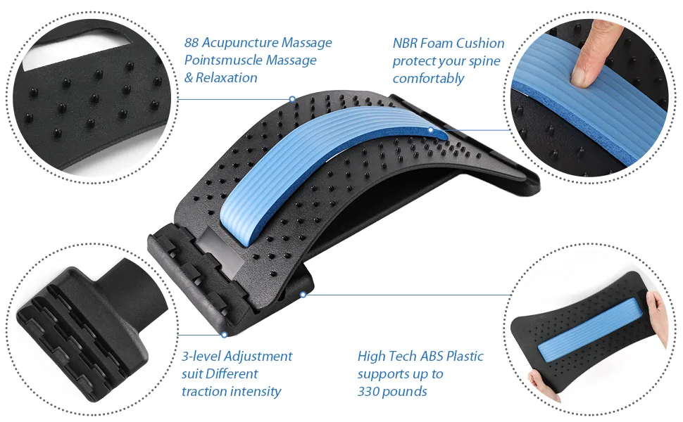 CHFSD Back Stretcher for Pain Relief, Multi-Level Back Cracker Lower Back Pain Relief Device, Lumbar Support Spine Board with 3 Adjustable Settings for Bed, Chair & Car with Massager Blue - back decompression