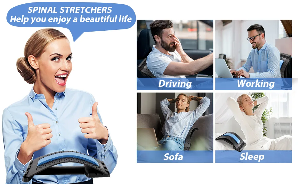 CHFSD Back Stretcher for Pain Relief, Multi-Level Back Cracker Lower Back Pain Relief Device, Lumbar Support Spine Board with 3 Adjustable Settings for Bed, Chair & Car with Massager Blue - back stretcher for lower back pain relief