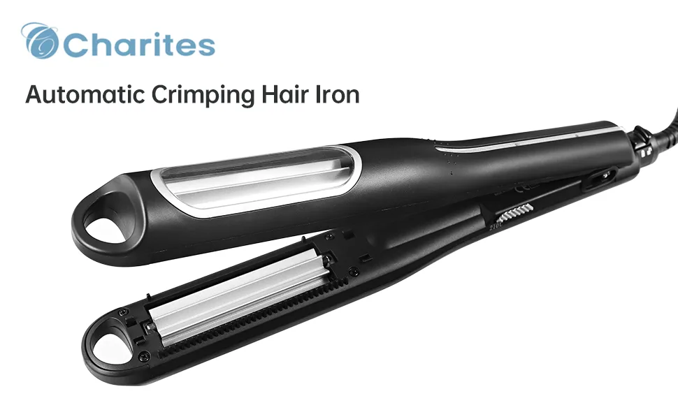 Charites Automatic Hair Crimper Iron for Women, Automatic Crimping Hair Iron for Texture and Volume with Rotating Ceramic Coated Rippled Barrels (Black) - Automatic Crimping Hair Iron