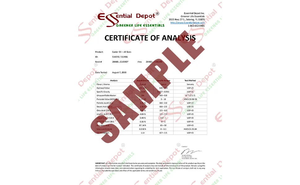 Castor Oil - 1 Quart - 32 oz - safety sealed HDPE container with resealable cap - sample Certificate of Analysis COA