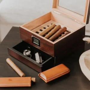 CASE ELEGANCE Glass Top Handcrafted Cedar Humidor with Front Digital Hygrometer, Humidifier Gel, and Accessory Drawer - Holds (25-50 Cigars) - Cigar accessory drawer in smaller renzo glass top wood humidor by case elegance