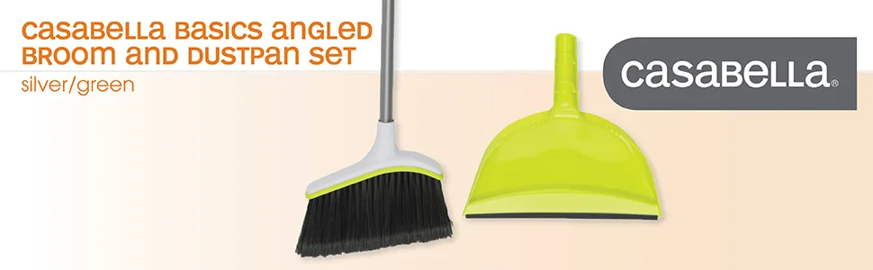 Casabella Basics 2-Piece Angled Broom and Dustpan Cleaning Set, Silver/Green - mop dustpan broom casabella cleaning floor