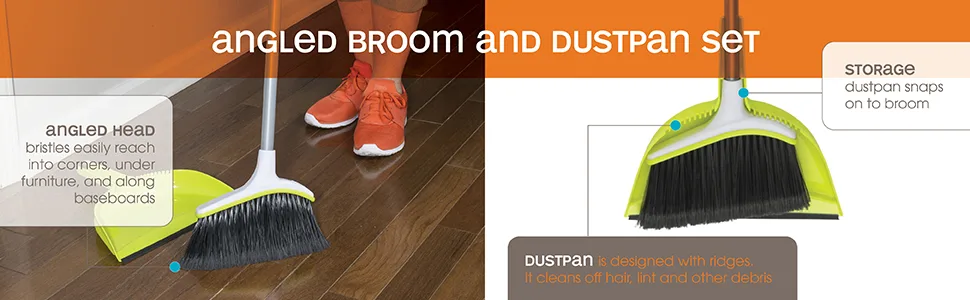 Casabella Basics 2-Piece Angled Broom and Dustpan Cleaning Set, Silver/Green - mop dustpan broom casabella cleaning floor