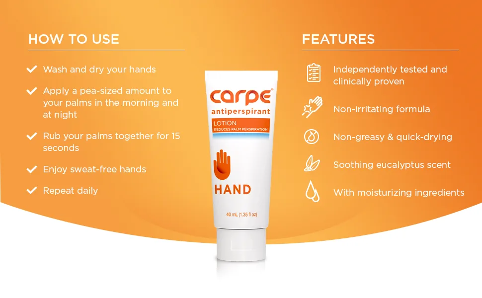 Carpe Antiperspirant Hand Lotion, A dermatologist-recommended, non-irritating, smooth lotion that helps stops hand sweat, Great for hyperhidrosis 1.35 Fl Oz (Pack of 1) - carpe hand info