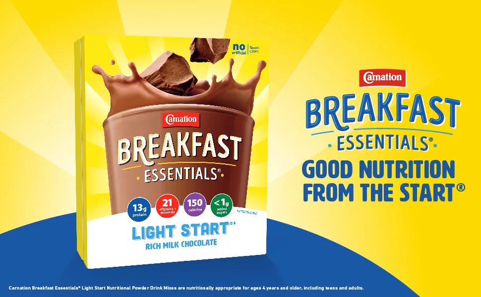 Carnation Breakfast Essentials Light Start Powder Drink Mix, Rich Milk Chocolate, 0.705 Ounce (Pack of 64) - Carnation Breakfast Essentials