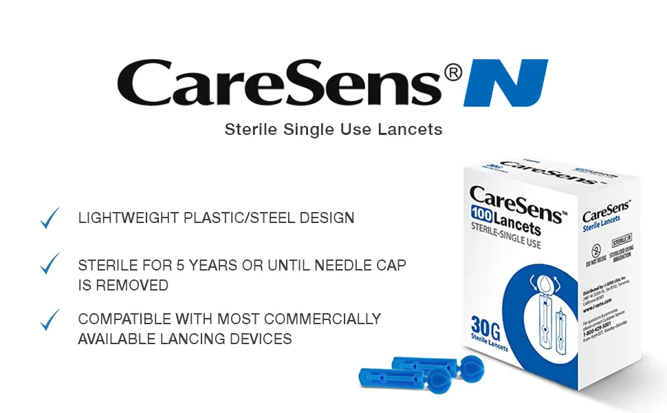 CareSens Sterile Single Use Ultra Thin 30G Universal Designed Lancets (100 Counts) for Minimizing Skin Discomfort and Pain 100 Count (Pack of 1) - CareSens N Lancets Blood Glucose Monitor Meter Lancing Device