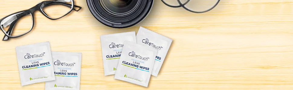 Care Touch Lens Wipes for Eyeglasses | Individually Wrapped Eye Glasses Wipes | 400 Pre-Moistened Lens Cleaning Eyeglass Wipes - Tabletop with lends wipes &amp; glasses