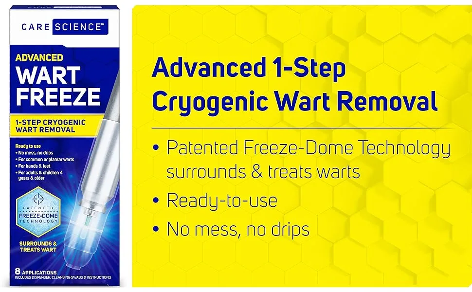Care Science Wart Remover Freeze, 8 Applications | 1-Step Cryogenic Wart Removal for Common Warts on Hands, Elbows, & Knees or Plantar Warts on Feet - Care Science Wart Freeze Remover Cryogenic Removal 1-Step Hands Feet
