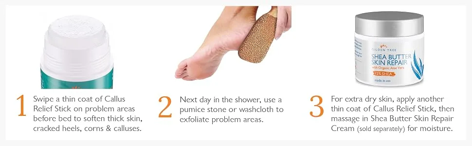 Callus Relief Stick with Powerful 30% Urea - Quick & Easy No-Mess Stick Helps Soften & Smooth Hard Thick Dry Cracked Rough Itchy Skin on Feet Legs Knees Elbows - how to use easy simple 3 step soft feet bedtime routine skin care healthy