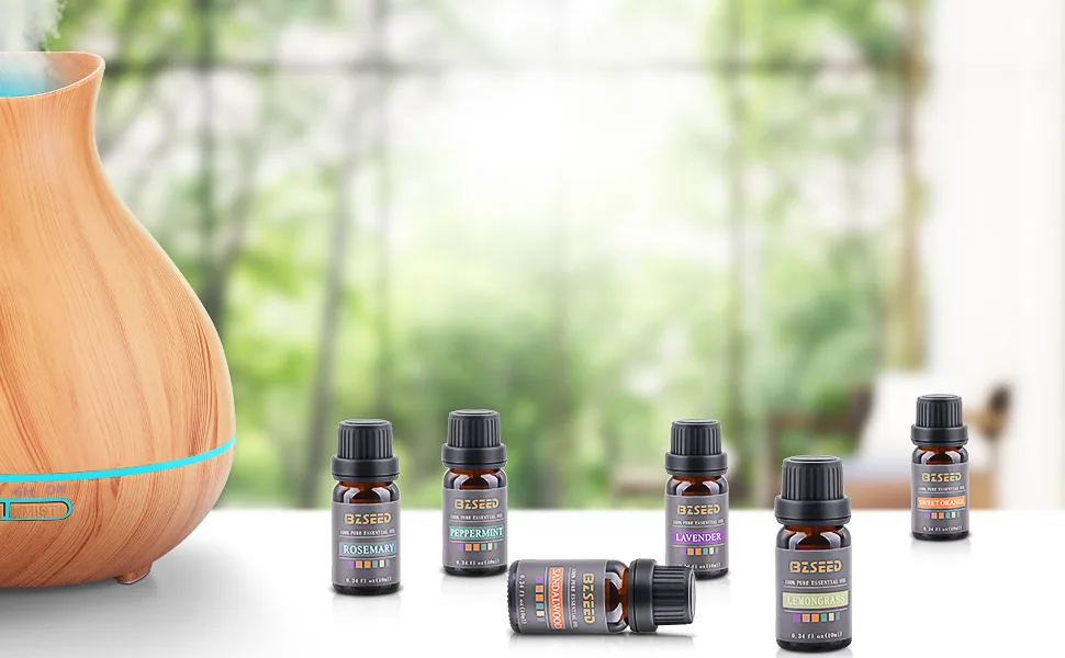 BZseed Essential Oil Diffuser Set, 550ml Aromatherapy Diffuser with Measuring Cup, Cool Mist Humidifier, 4 Timer and 7 Color Lights, Waterless Auto-Off, Wood Grain Diffuser High Output for Home Upgraded Black - BROWN DIFFUSER