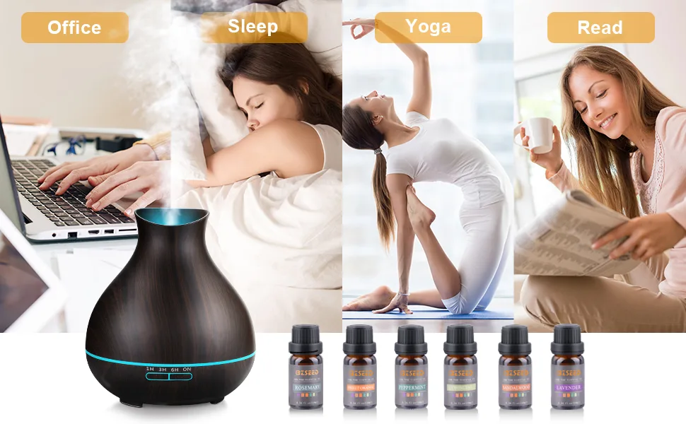 BZseed Essential Oil Diffuser Set, 550ml Aromatherapy Diffuser with Measuring Cup, Cool Mist Humidifier, 4 Timer and 7 Color Lights, Waterless Auto-Off, Wood Grain Diffuser High Output for Home Upgraded Black - different occasion