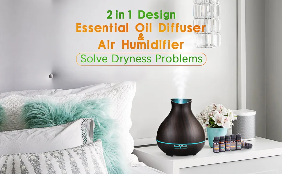 BZseed Essential Oil Diffuser Set, 550ml Aromatherapy Diffuser with Measuring Cup, Cool Mist Humidifier, 4 Timer and 7 Color Lights, Waterless Auto-Off, Wood Grain Diffuser High Output for Home Upgraded Black - oil diffuser and air humidifier