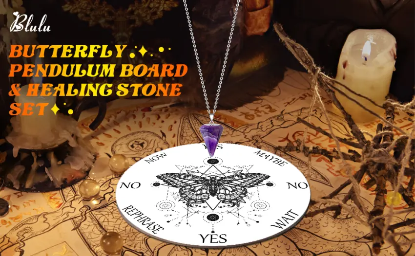 Butterfly Pendulum Board dowsing Necklace Divination Altar Witchcraft Wooden kit Chart Wiccan Wand Crystal Game Divinity Metaphysical Message Quartz Chakra Healing Stone (Black) - product information 1