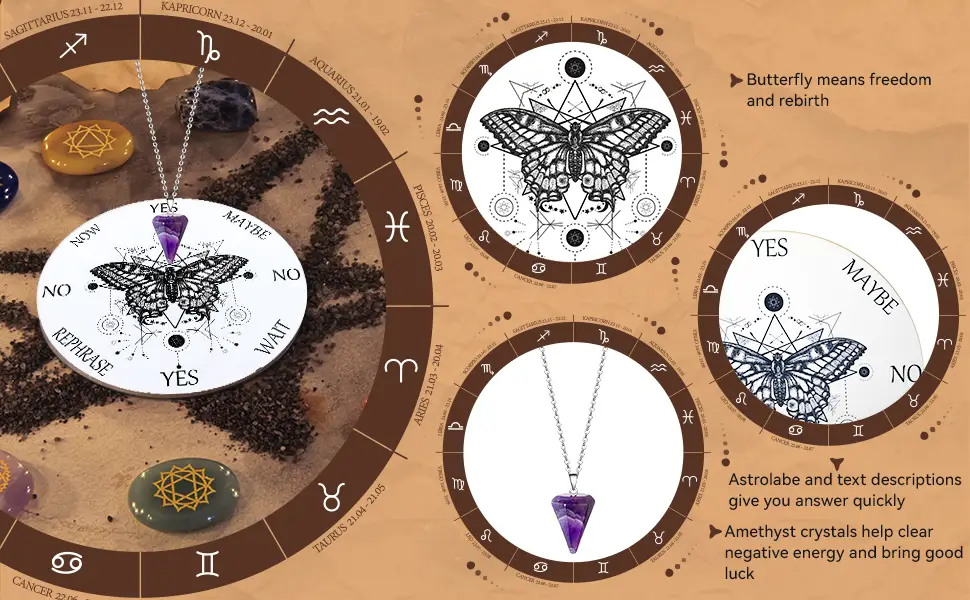 Butterfly Pendulum Board dowsing Necklace Divination Altar Witchcraft Wooden kit Chart Wiccan Wand Crystal Game Divinity Metaphysical Message Quartz Chakra Healing Stone (Black) - product information 2