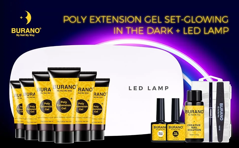 BURANO Poly Extension Nail Gel Kit - Glow in The Dark Poly Nail Extension Gel with LED Lamp Builder Gel Nail Extension Gel Builder for Nails - poly extension gel
