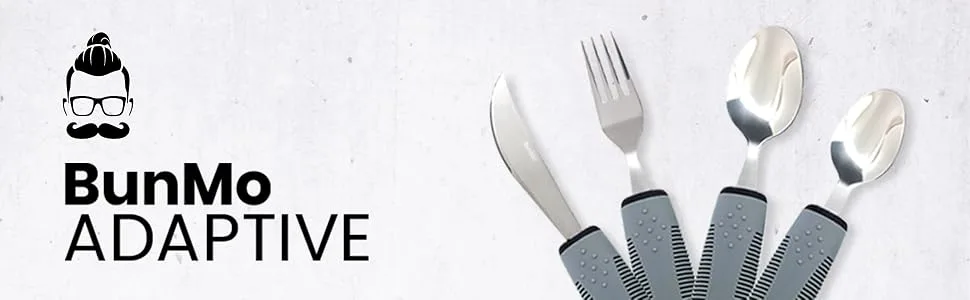 BunMo Adaptive Utensils for Elderly/Arthritis/Weak Hand Grip & Handicapped - Convenient Travel Pouch (4 Piece Set) - bunmo_adaptive_grey_utensils