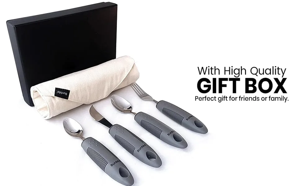 BunMo Adaptive Utensils for Elderly/Arthritis/Weak Hand Grip & Handicapped - Convenient Travel Pouch (4 Piece Set) - bunmo_adaptive_utensils