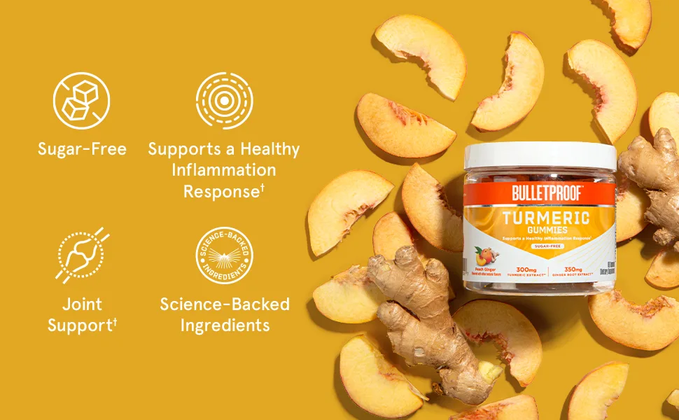 Bulletproof Sugar-Free Peach Ginger Turmeric Gummies, 60 Count, Keto Supplement for Joint and Inflammation Response Support - Turmeric gummies support a health inflammation response