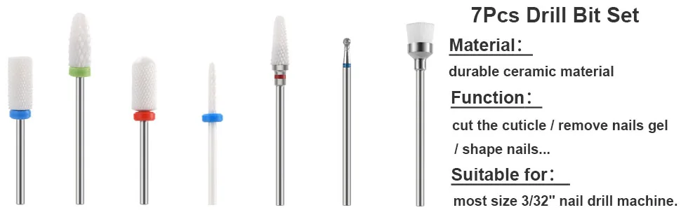Bulex 7pcs Nail Drill Bits for Acrylic Nails - 3/32 Professional Ceramic Nail Drill Bit Set for Cuticle Acrylic Gel Nail Polishing Manicure - Bulex Ceramic Nail Drill Bit 3