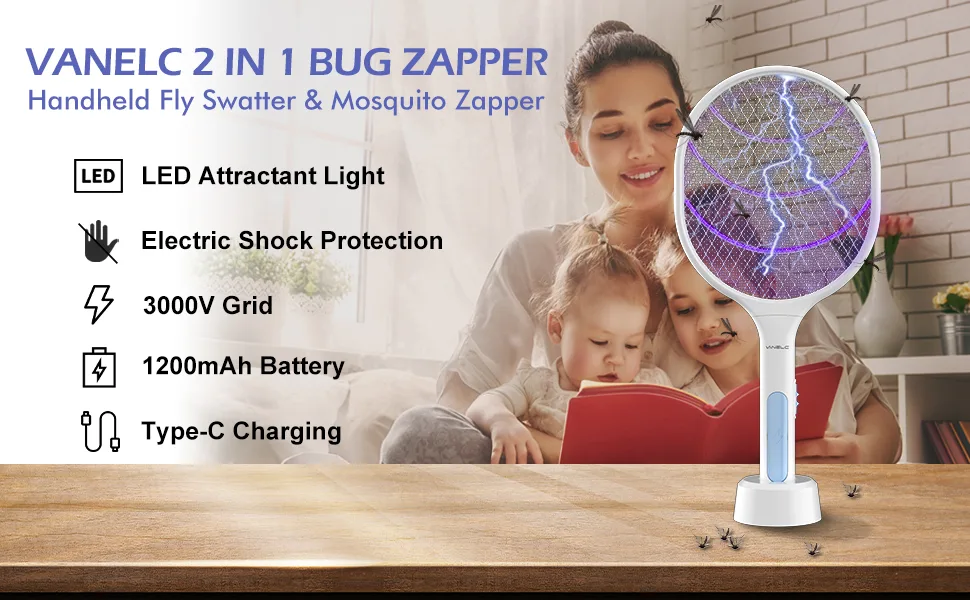 Bug Zapper 2 Pack, VANELC USB Rechargeable Electric Fly Swatter Racket, 3000 Volt Pest Insects Control Flying Bugs Trap Mosquito Killer for Home, Kitchen, Office, Outdoor 18IN - 2 Pack - Bug Zapper