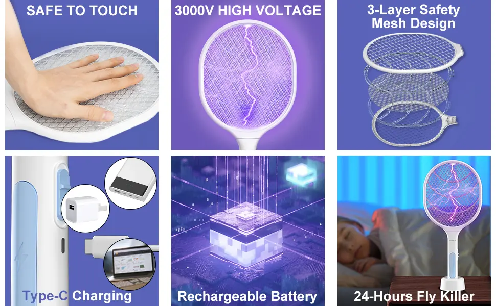 Bug Zapper 2 Pack, VANELC USB Rechargeable Electric Fly Swatter Racket, 3000 Volt Pest Insects Control Flying Bugs Trap Mosquito Killer for Home, Kitchen, Office, Outdoor 18IN - 2 Pack - Mosquito Killer