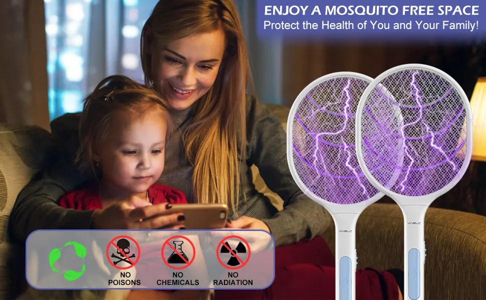 Bug Zapper 2 Pack, VANELC USB Rechargeable Electric Fly Swatter Racket, 3000 Volt Pest Insects Control Flying Bugs Trap Mosquito Killer for Home, Kitchen, Office, Outdoor 18IN - 2 Pack - Rechargeable Fly Zapper Racket with Blue Light Attractant