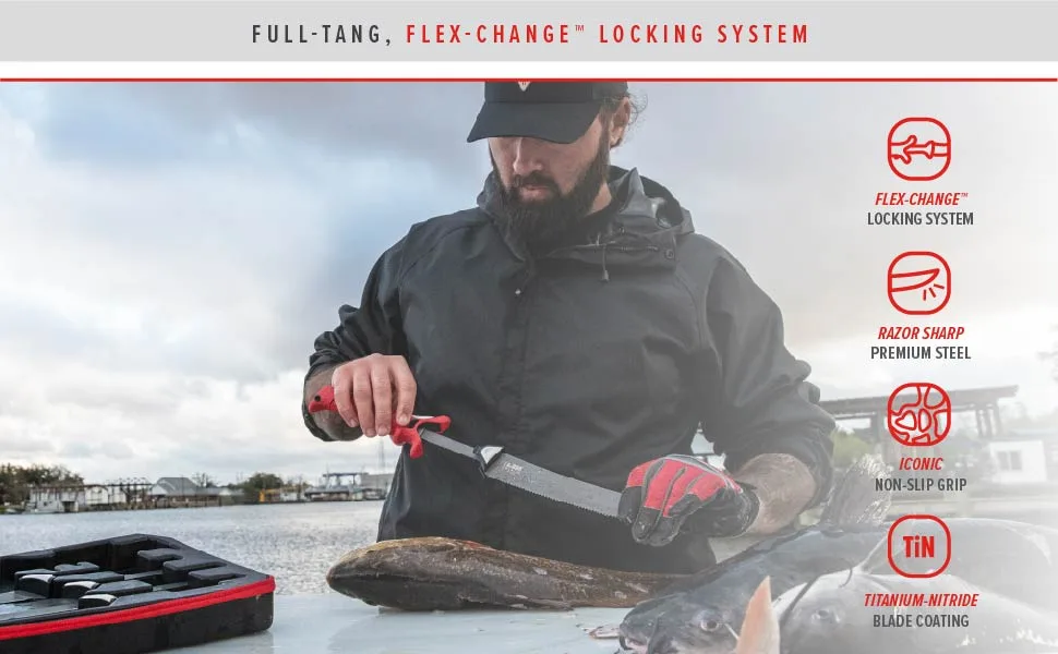 BUBBA Multi-Flex Interchangeable Blade Kits, with Non-Slip Grip Handle, Ti-Nitride S.S. Coated Non-Stick Blades and Case for Fishing Multi-Flex Kit - BUBBA BUBBA Blade Fishing Old Hickory Rapala Outdoor Edge Mini Fillet American Angler Berkley