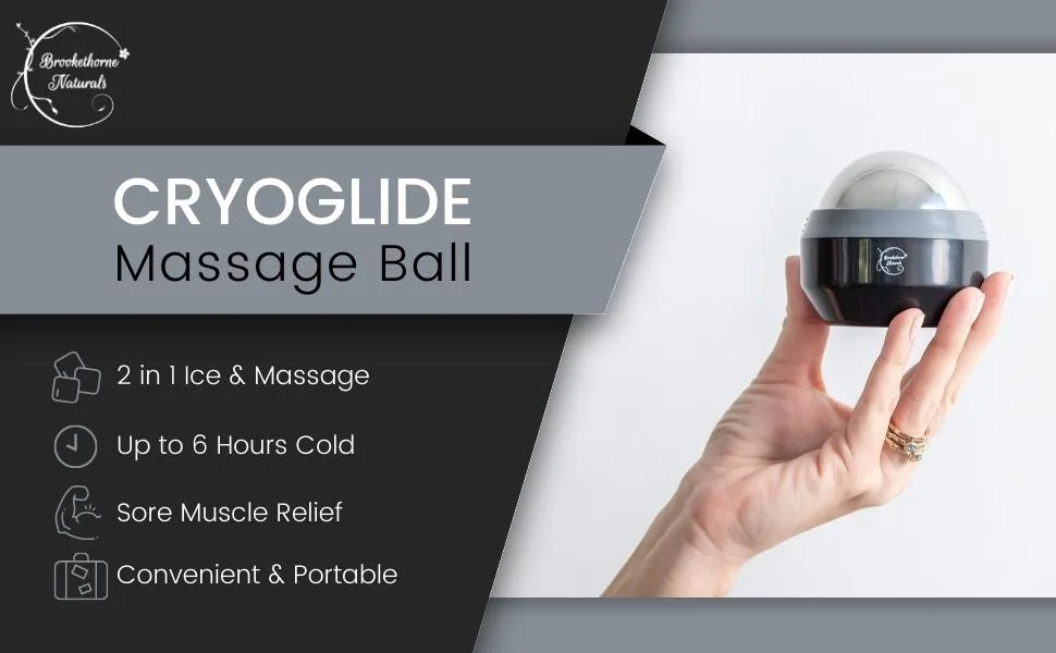 Brookethorne Naturals Cryoglide Massage Ball Roller  Cryotherapy Ice Roller Ball Massager for Cold Therapy. Recovery, Trigger Point, Deep Tissue Muscle Relief. Plantar Fasciitis Massager - Womans hand holding the cryoglide massage ball ice roller