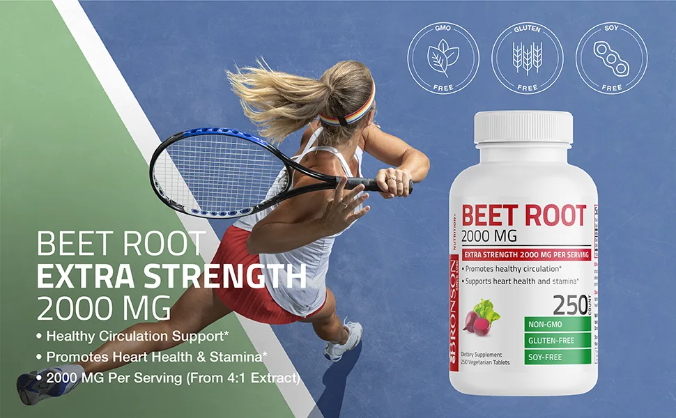 Bronson Beet Root 2000mg Extra Strength 2000mg Per Serving, Promotes Healthy Circulation Supports Heart Health & Stamina, Non-GMO, 250 Vegetarian Tablets - Beet Root Extra Strength 2000MG