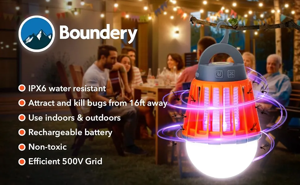 Boundery Bug Zapper Light Bulb - Electronic Bug Zapper Bulb Eliminates Mosquitoes Fast | USB Rechargeable, IPX6 Waterproof LED Light Bulb Zapper | Portable Mosquito Light Bulb with 4 Light Modes 1 Count (Pack of 1) - boundery, bug bulb, camping light, light bulb, lamp