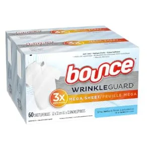 Bounce WrinkleGuard Mega Dryer Sheets, Fabric Softener and Wrinkle Releaser Sheets, Unscented, 120 Count (Pack of 2, 60 Count Each) - product information 1