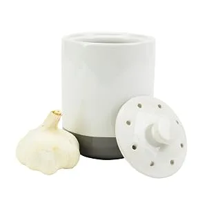 Boston Warehouse Stoneware Garlic Keeper Canister, Grey Reactive Glaze Reactive Glaze Grey - garlic canister with garlic bulb