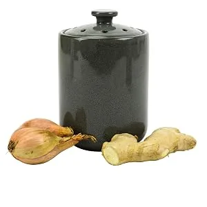 Boston Warehouse Stoneware Garlic Keeper Canister, Grey Reactive Glaze Reactive Glaze Grey - grey garlic canister with shallot and ginger
