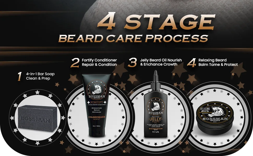Bossman Essentials Beard Kit for Men - Beard Oil Jelly, Fortifying Conditioner Cream, Beard Balm - Grooming Growth Care Accessories (Stagecoach) - Essential Beard Kit Jelly Fortify balm