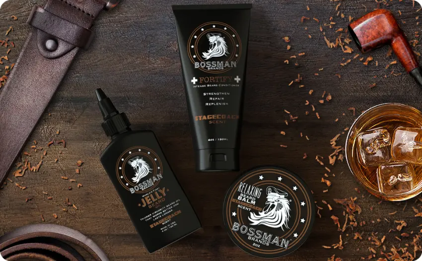 Bossman Essentials Beard Kit for Men - Beard Oil Jelly, Fortifying Conditioner Cream, Beard Balm - Grooming Growth Care Accessories (Stagecoach) - Essential Beard Kit Jelly Fortify balm