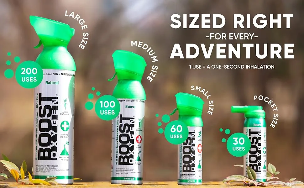 Boost Oxygen Natural Portable 5 Liter Pure Oxygen Canister, Includes Flavorless, Pink Grapefruit, Peppermint, & Menthol Eucalyptus Bottles (4 Pack) Variety Pack 4 Count (Pack of 1) - boost bundles